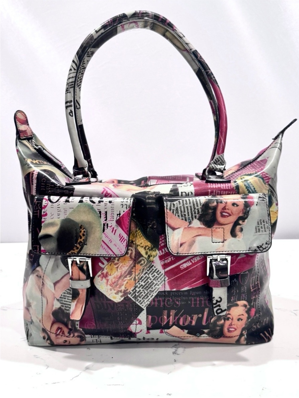 Pegaso Milano Multicolor Retro Pop Art Pin Up Print Satchel Handbag ECU